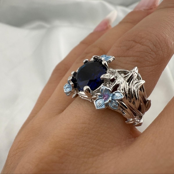Anthropologie Jewelry - Classic Silver and Blue Floral Ring